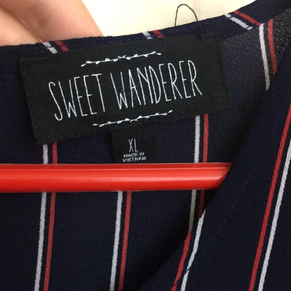 Sweet Wanderer Navy Pinstripe Flutter Sleeve Top - Picture 6 of 11